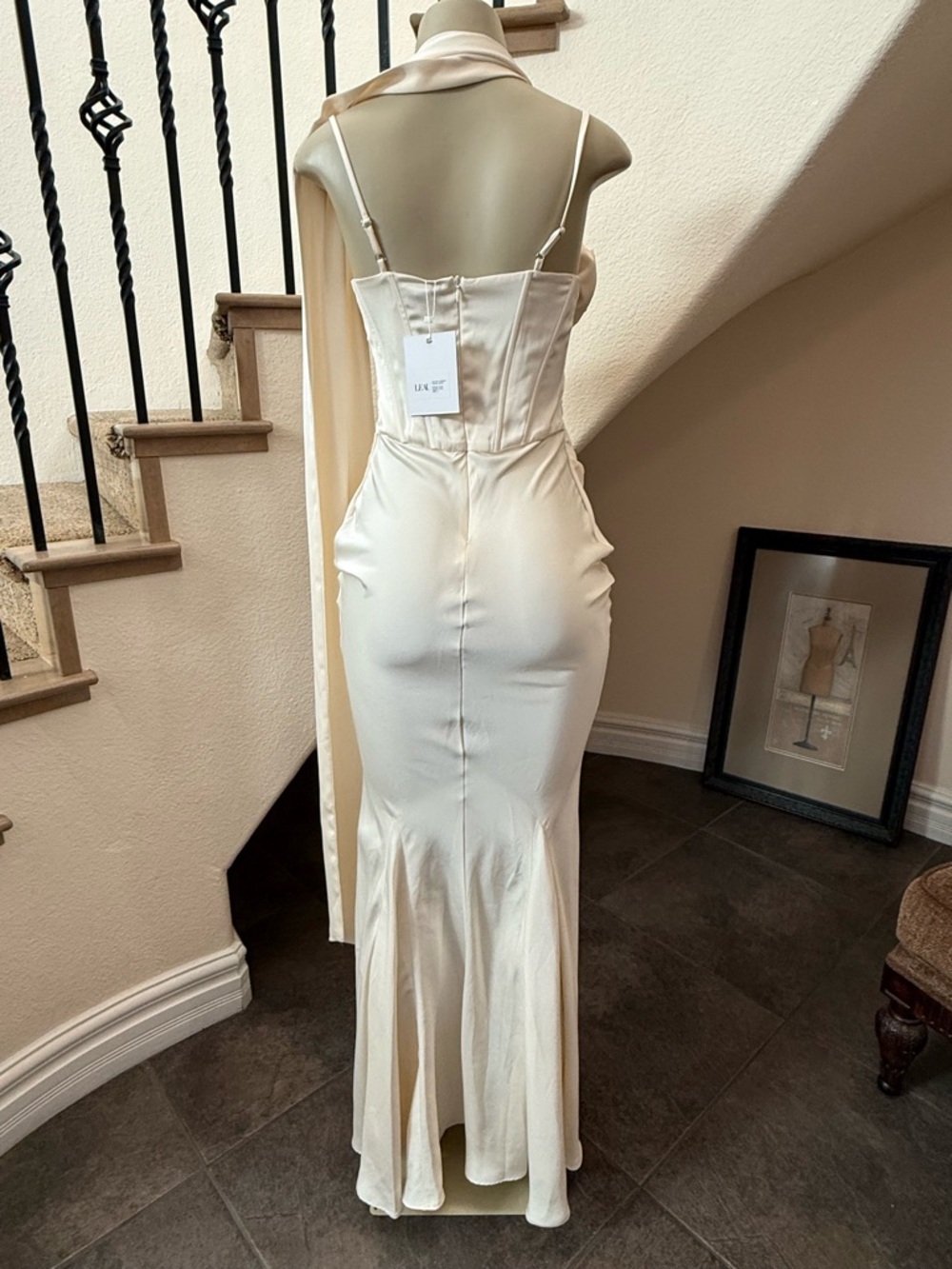 NWT LEAU Celine Corset Satin Gown Ivory Drape Scarf Maxi Dress Small - Picture 7 of 11